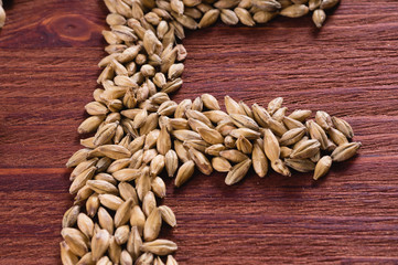 Fragment of the inscription of beer by malt grains on wood background. Craft beer brewing from grain barley malt. Ale or lager from pilsner malt.