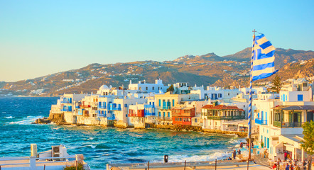 Mykonos town with and Little Venice district - obrazy, fototapety, plakaty