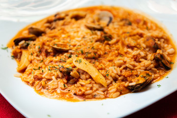 Tasty risotto with Shrimp, fresh herbs vegetables on a white plate