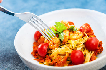 Small prawns tomato compote Tagliatelle with pesto