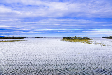Beautiful rugged volcanic basalt rock Iceland coastline blue skies and low clouds. Green moss and sea grass covered rock formations