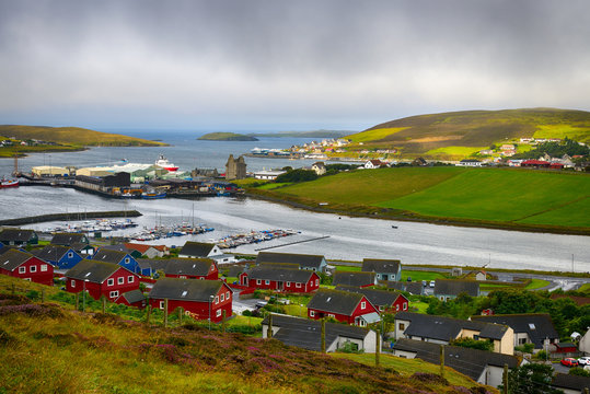 Scalloway Harbour view at rainy day