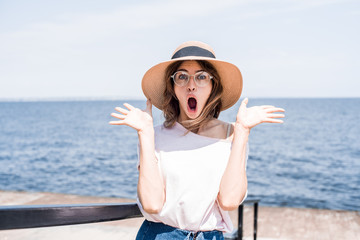 Person facial reaction lifestyle studio wow joke parody concept. Close up photo portrait of cute...