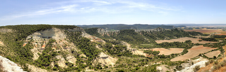 A spanish landscape with cultivated fields, mountains and trees in the Aragon region
