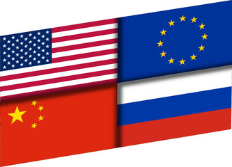 Four flags countries - the United States, Russia, China and the United Europe. 3D illustration