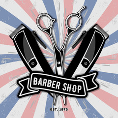 Barber shop vintage label, badge, or emblem with scissors and hair clipper. Haircuts and shaves. Vector illustration
