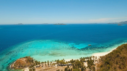 Fototapeta premium Aerial view of tropical beach on the island Malcapuya, Palawan, Philippines. Beautiful tropical island with sand beach, palm trees. Tropical landscape: beach with palm trees. Seascape: Ocean, sky, sea