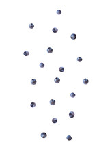 A lot of blueberries are falling from top to bottom on a white isolated background, close-up