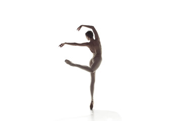 Young graceful female ballet dancer or classic ballerina dancing isolated on white studio. Caucasian model on pointe shoes © master1305