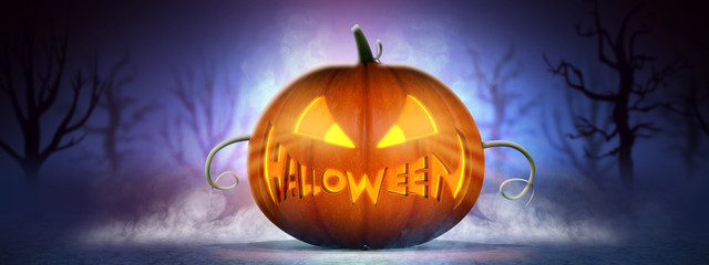pumpkin jack-o-lantern with smile written halloween, haunted forest background. 3d illustration