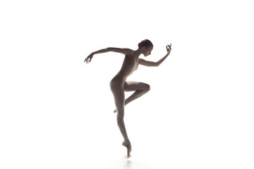 Young graceful female ballet dancer or classic ballerina dancing isolated on white studio....
