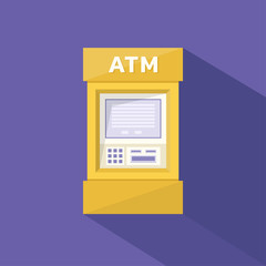 Yellow ATM Machine On Purple Background. Flat Design - Vector