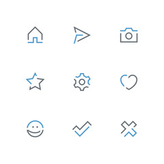 Colored outline icon set - home, paper airplane, photo camera, star, gear wheel, heart, smile face, check mark and cross symbol. Internet, website and social network vector signs.