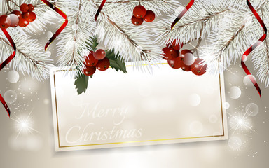 Christmas card with fir branches, christmas berry and red ribbon, with space for text. Vector Christmas design for greeting card, party invitation, holiday sales.