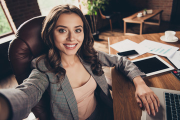 Self-portrait of attractive elegant stylish beautiful classic tr