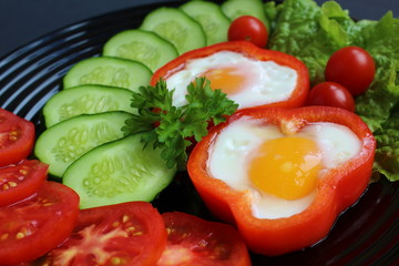 Easy breakfast fried egg and fresh vegetables