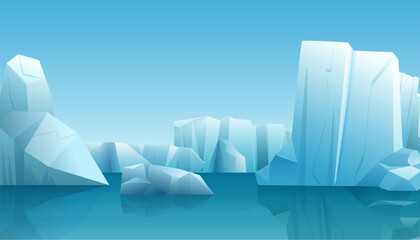 Vector Winter illustration of nature winter arctic landscape with ice iceberg, blue pure water and snow hills.
