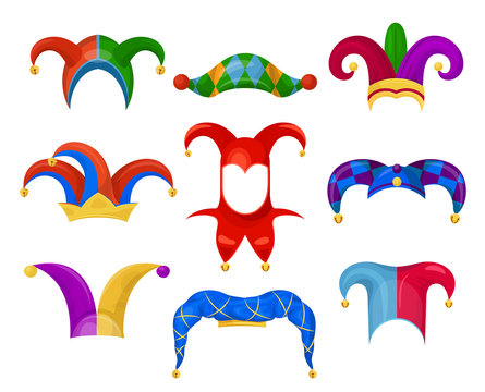 Jester or fool hat set on white background