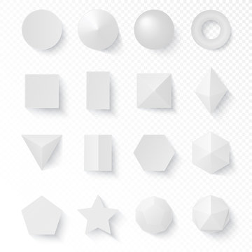 3d volumetric soft white shapes figures set. Realistic vector primitives with shadows.