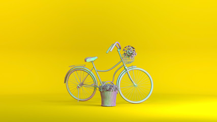 Abstract bicycle paint iridescent and   basket of roses in yellow background.