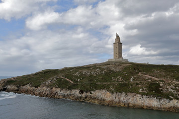 Landscape of Tower of Hercules in the Galicia capital city La Coruña on its rocks promontory on the sea