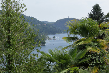 Fototapeta na wymiar A landscape of Lake Orta, in northern Italy, with trees and mountains on the foregroud as a frame