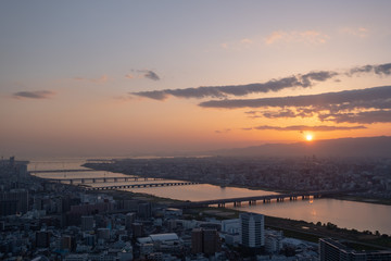 Aerial view of Osaka at sunset, Japan