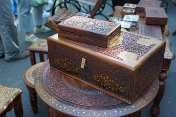 Box made of mahogany with Indian ornaments.