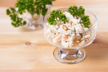 Salad, green peas, mayonnaise, greens,cucumbers, sour cream