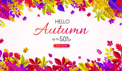 White autumn 50% sale. Promo poster with colorful leaves.