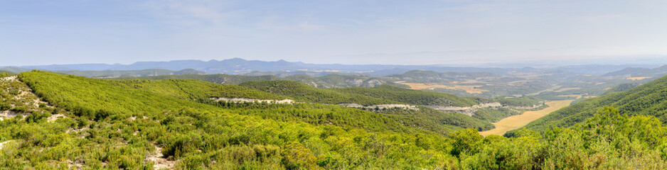 A summer landscape of fields in the Spanish region Aragon from La Palomera viewpoint