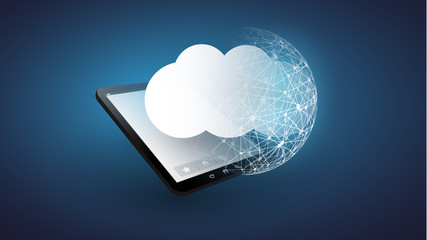 Cloud Computing Design Concept - Digital Network Connections, Technology Background with Globe and Tablet PC