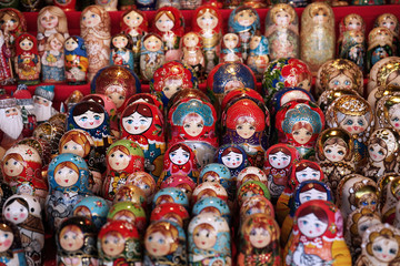 Fototapeta na wymiar Matryoshka national Russian souvenir on the counter of the store.
