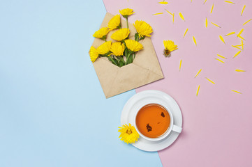 Opened envelope with yellow chrysanthemums, cup of tea on blue pink background top view flat lay. Concept Good morning, Greeting card floral background womens day 8 of march mothers day