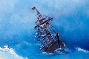 Sailing pirate Ghost ship, flying Dutchman in the open sea on moonlit night. Painting. Painting...
