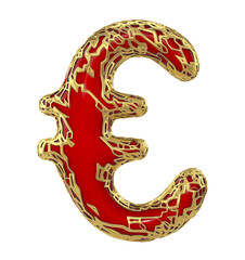 Euro sign made in golden shining metallic 3D with red paint isolated on white background.