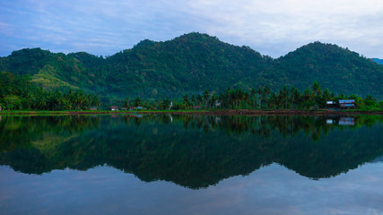 Green mountain reflection at river