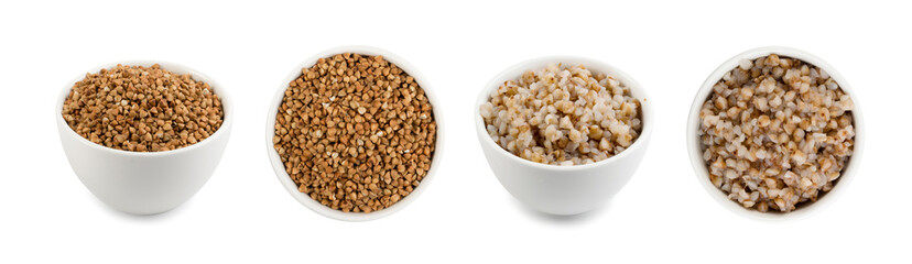Bowls of Cooked and Raw Dry Buckwheat Porridge Isolated