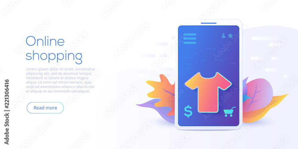Poster online shopping or e-commerce flat vector illustration. internet store checkput procedure concept wi