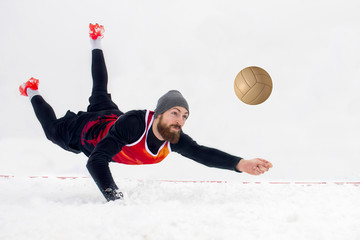 Man snow voleyball player isolated on white background. Snow volleyball. Winter sport