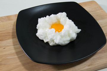 Fried egg on black plate backgroud