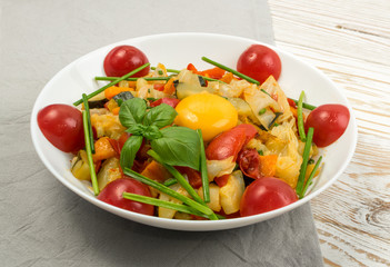 Fried Vegetable Mix with Zucchini, Sweet Pepper, Tomatoes, Onions Close Up