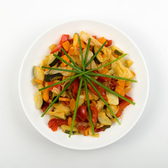 Fried Vegetable Mix with Zucchini, Sweet Pepper, Tomatoes, Onions Close Up