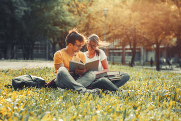 Two young students sitting at the campus yard , reading book and preparing for university...