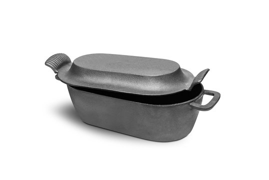 Cast iron pan with lid, isolated on white background