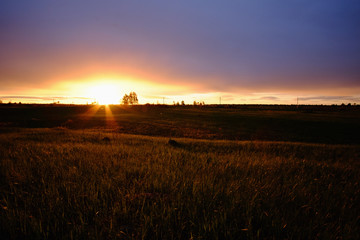 Landscape scene and sunset above a field.
