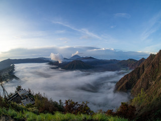 INDONESIA - Bromo Mountain is an active volcano. Landscape view of Bromo mountain with fog around the valley from Penanjakan viewpoint at Bromo Tengger Semeru National Park , East Java, november, 2017