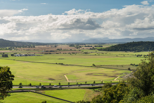 View across the Carse of Stirling to the mountains of Ben Vorlich and Stuc a Chroin, Stirling, Scotland.