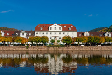 Great view of a row of baroque style houses & the Huguenot Museum in the middle, behind a linden tree grove & a monument of Landgrave Charles I; located at the harbour basin in Bad Karlshafen, Germany