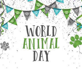 World animal day 4 october bunting party flags with dog animal pets paws print